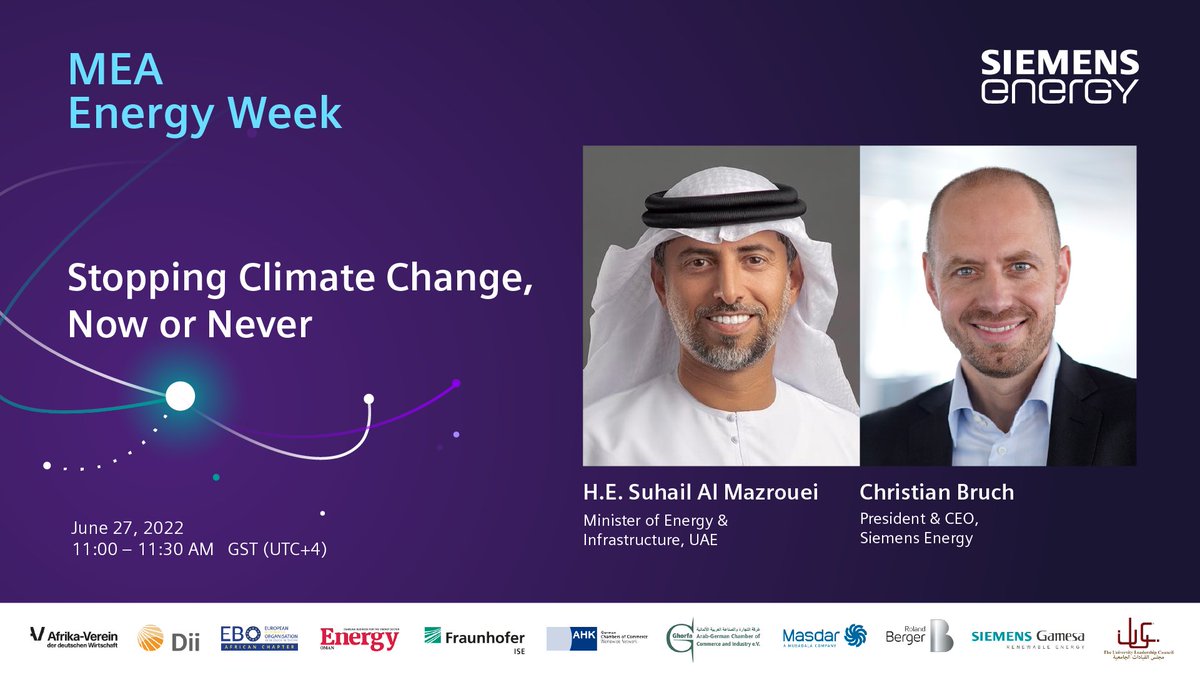 What can we do to stop climate change - or is it too late? Tune in to the @SiemensEnergyME #EnergyWeek from tomorrow and hear from Christian Bruch &amp; H.E. Suhail Al Mazrouei about the challenges the industry faces. 

Join the conversation 👉 bit.ly/38GCc1C
