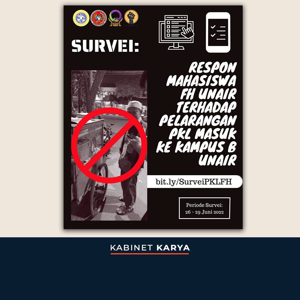 [SURVEI: Respon Mahasiswa FH UNAIR terhadap Pelarangan PKL Masuk ke Kampus B UNAIR]

DLKKL UNAIR mengeluarkan kebijakan tentang pelarangan masuk Pedagang Kaki Lima (PKL) ke wilayah Kampus B UNAIR.

Link Survei : bit.ly/SurveiPKLFH
.
KABINET KARYA !
BERGERAK untuk BERKARYA !