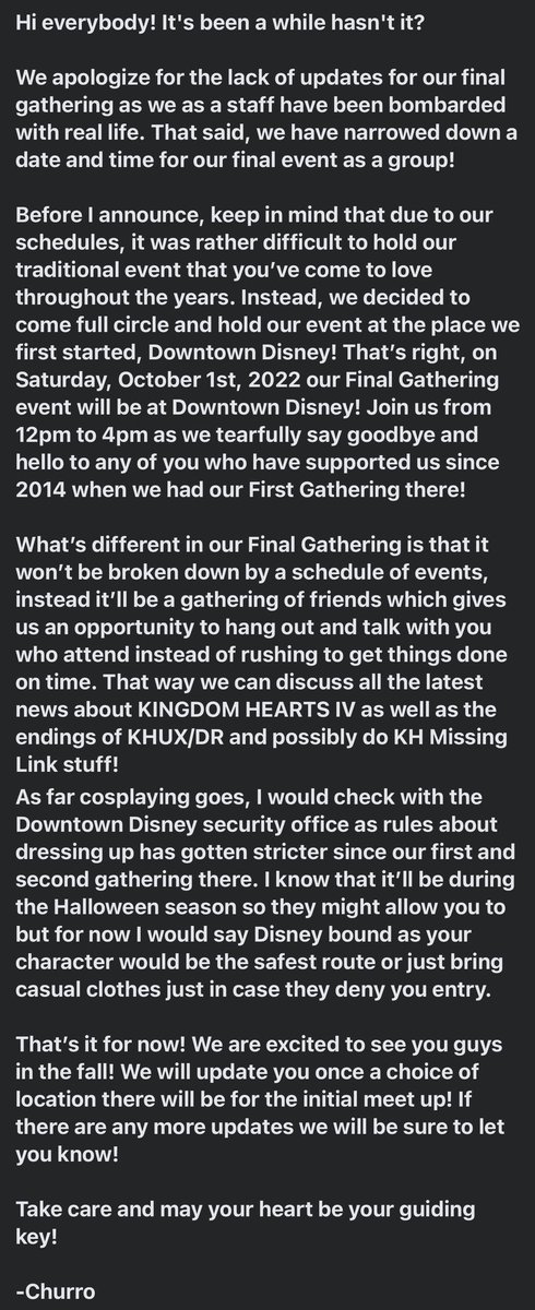 keybearalliance's tweet photo. Hi everyone! We have announced a date, time, and location for our Final Gathering event!

On Saturday, October 1st, 2022 we will have our Final Gathering at Downtown Disney, a place where we first started! #kingdomhearts

We look forward to see you there! https://t.co/GFlnnGaN8B