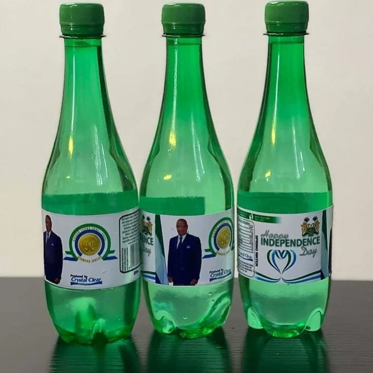 PIGroupSL's tweet photo. Crystal Clear personalised for the Government of Sierra Leone's 60th Independence Anniversary Dinner. #localcontent #madeinsierraleone #SierraLeone #water #indigenous #SaloneTwitter https://t.co/AUM2rD05rB