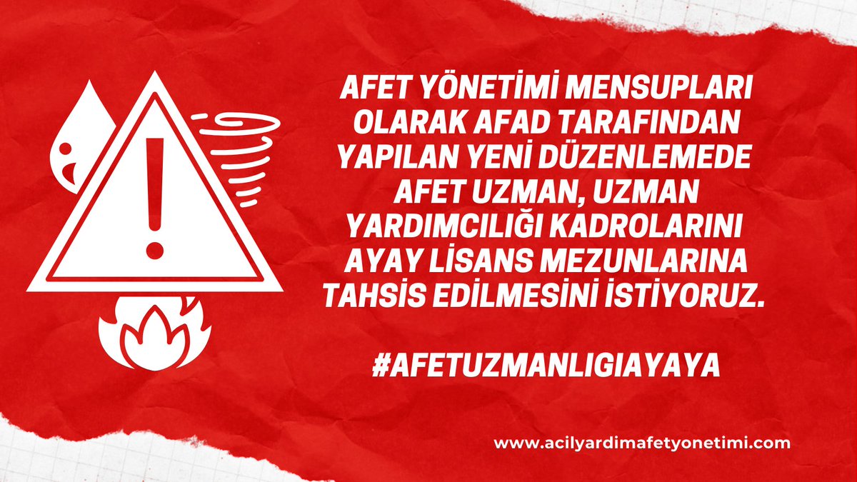 Yusuf GÖKDUMAN (@yusufgokduman) on Twitter photo Afet yönetimi mensupları olarak AFAD tarafından yapılan yeni düzenlemede Afet uzman, uzman yardımcılığı kadrolarını AYAY lisans mezunlarına tahsis edilmesini istiyoruz 
#AfetuzmanlıgıAYAYa Afet yönetimi mensupları olarak AFAD tarafından yapılan yeni düzenlemede Afet uzman, uzman yardımcılığı kadrolarını AYAY lisans mezunlarına tahsis edilmesini istiyoruz 
#AfetuzmanlıgıAYAYa
