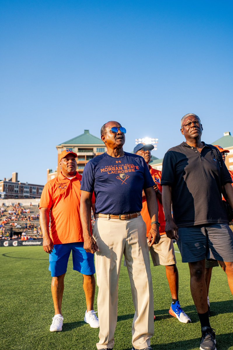 PaulRabil's tweet photo. The @PremierLacrosse was honored to recognize the 1st HBCU to play @NCAALAX back in Baltimore at Homewood. The @morganstatelax team was formed in 1970, quickly beating the #1 ranked team in the country in 1975. Here are members of the Ten Bears alongside current players today. https://t.co/J6d2KRKtPN
