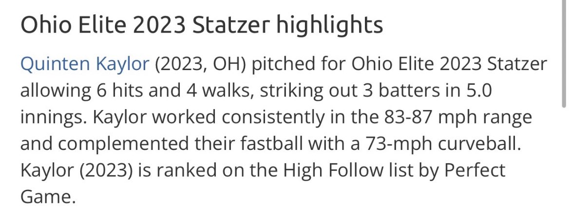 quintenkaylor (@quintenkaylor) on Twitter photo Great outing today against Team Georgia 17U, ranked 24 by Perfect Game. Lets keep going OE! <a href="/OEBStatzer/">Ohio Elite - Statzer</a> <a href="/PG_Scouting/">Perfect Game Scout</a> <a href="/alphabsb/">Alpha Baseball</a> <a href="/MasonHSBaseball/">Mason Comets Baseball</a> Great outing today against Team Georgia 17U, ranked 24 by Perfect Game. Lets keep going OE! <a href="/OEBStatzer/">Ohio Elite - Statzer</a> <a href="/PG_Scouting/">Perfect Game Scout</a> <a href="/alphabsb/">Alpha Baseball</a> <a href="/MasonHSBaseball/">Mason Comets Baseball</a>