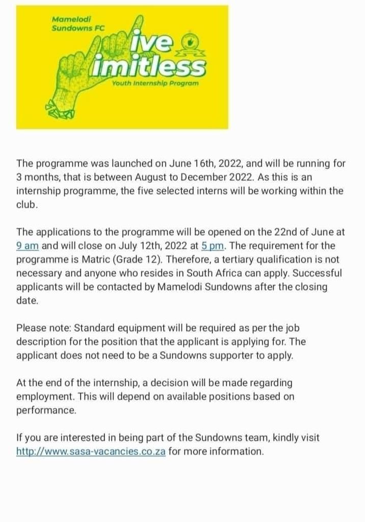 AdvoBarryRoux's tweet photo. Sundowns is offering an internship programme for unemployed youth living in South Africa. Stipend is R5000 per month, only Matric is required. https://t.co/3RKKk3bKFi
