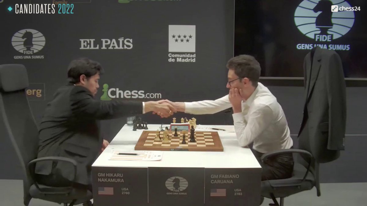 chess24com's tweet photo. What a game! @GMHikaru Nakamura wins an epic battle against Fabiano Caruana to move within only half a point of Fabi:
 
https://t.co/CUaVDMZDul

#c24live #FIDECandidates https://t.co/4FCloNr4xm