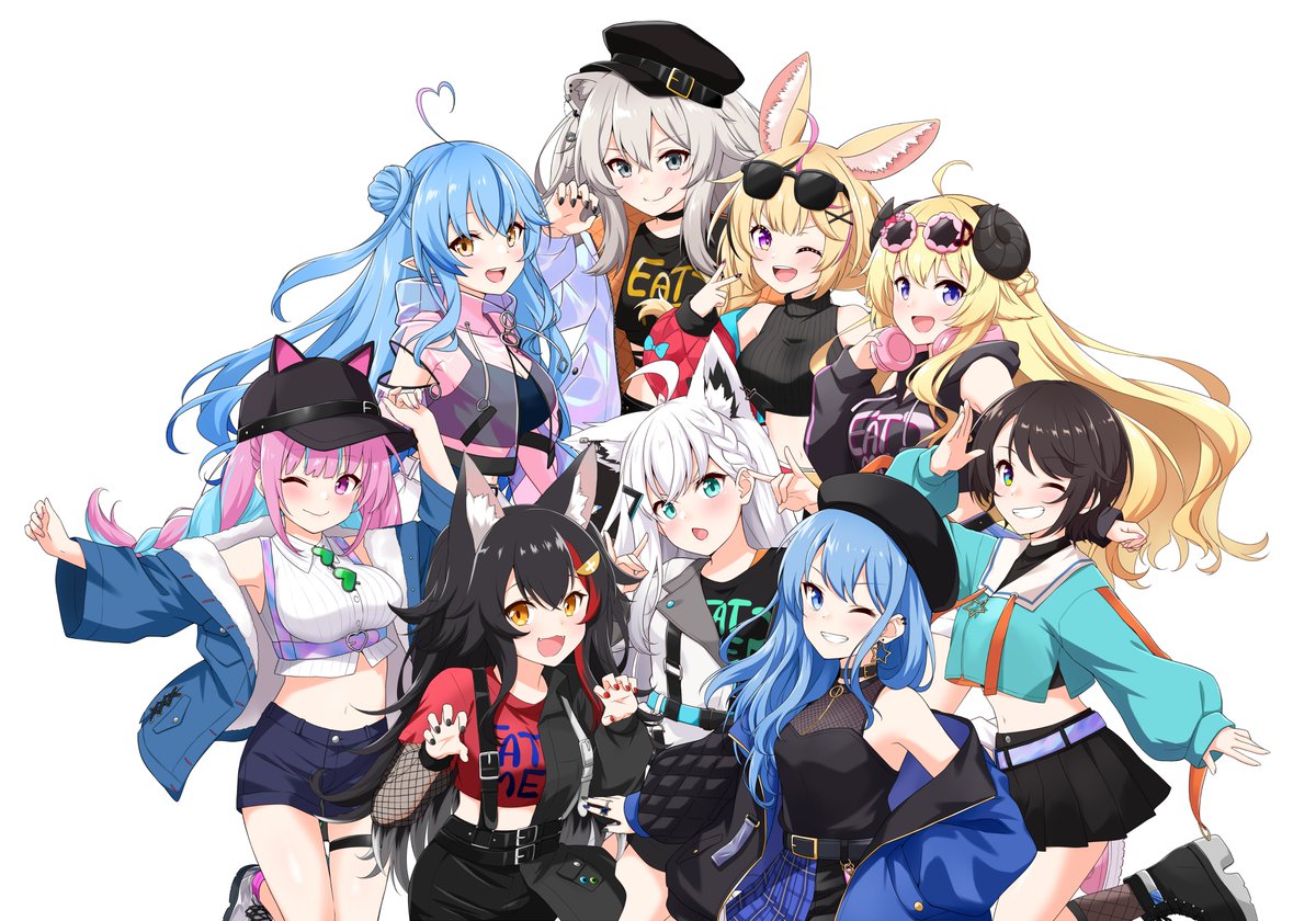 omaru polka ,ookami mio ,shirakami fubuki ,shishiro botan ,tsunomaki watame ,yukihana lamy multiple girls animal ears fox ears 6+girls one eye closed blonde hair blue hair  illustration images