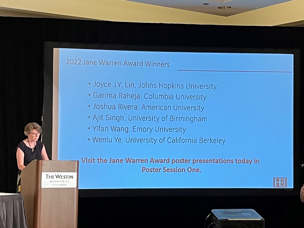 HEIresearch's tweet photo. HEI Director of Science Ellen Mantus presents this year’s HEI Jane Warren Awards. Stay tuned for live interviews with each of the winners later this afternoon! #HEIAC2022 https://t.co/jfRTH0bcXZ