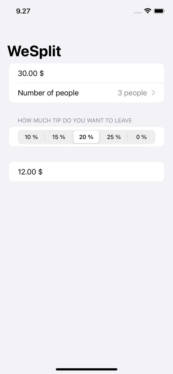 MNihoj's tweet photo. Day 17 of #100DaysOfSwiftUI 

Second day using SwiftUI, Today was implementation day putting the concepts that I learned yesterday to use building an app called "WeSplit" that calculates the amount each person has to 💰 taking into account the bill, people and tip percentage. https://t.co/hbckrupsmE