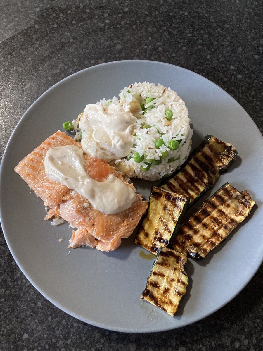 GardenSlowFood's tweet photo. Sunday night is “cheffy” night. Confit @Goatsbridge Trout, Tahini Sauce, Basmati Rice with Peas, Griddled Courgette #SubscriptionFishBox @SSI_Wholesale @NiallSabongi https://t.co/Arj6zhUQ4E