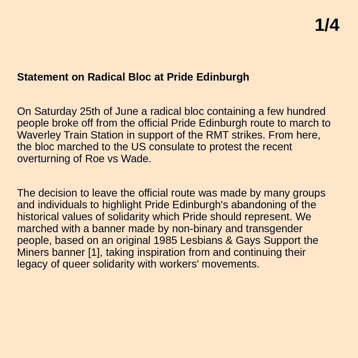 Edinburgh_GAF's tweet photo. 📣 Statement on the amazing breakaway radical bloc at Pride Edinburgh! 🔥 We stood up against rainbow capitalism, said NO to cops, corporates &amp; fossil fuel sponsors at pride, supported workers' rights and used the pride march for its true purpose - a protest! 📣 (1/5) https://t.co/joLkBadMZ2