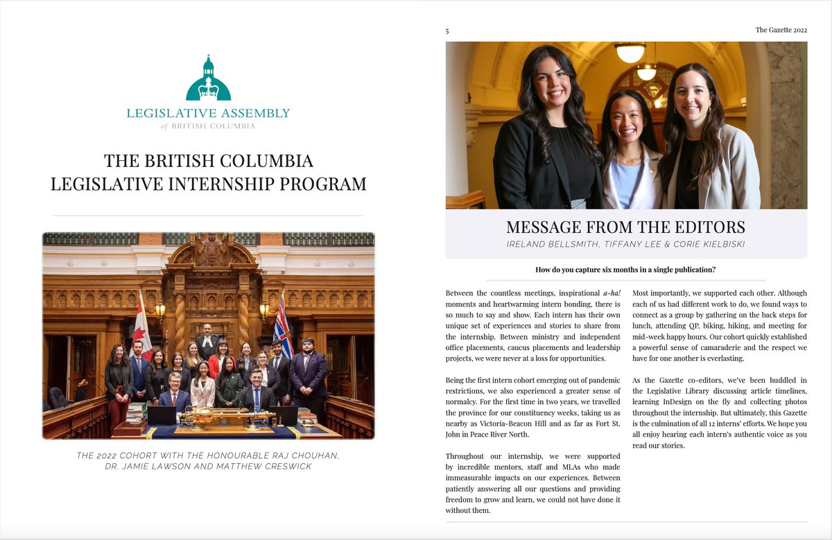 The 2022 B.C. Legislative Internship Program's Gazette is now available! After spending hours on InDesign with my Co-Editors, I'm very proud to finally share this publication and the memories highlighted within 💕 leg.bc.ca/content-peo/Do…