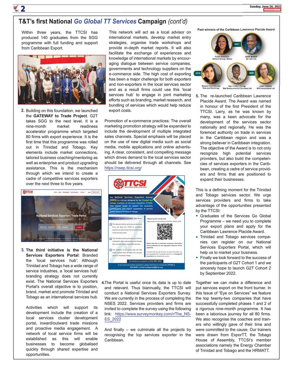 TTCSIORG's tweet photo. @ttcsiorg is pleased to share the #june2022 issue of Eye on Services. In this month’s edition we highlight the 22 firms currently enrolled in Phase III of the Gateway to Trade Programme. #ttcsi #gatewaytotrade #eyeonservices #phase3 #trinidadandtobago #services #exportofservices https://t.co/Ac3nb3wd93