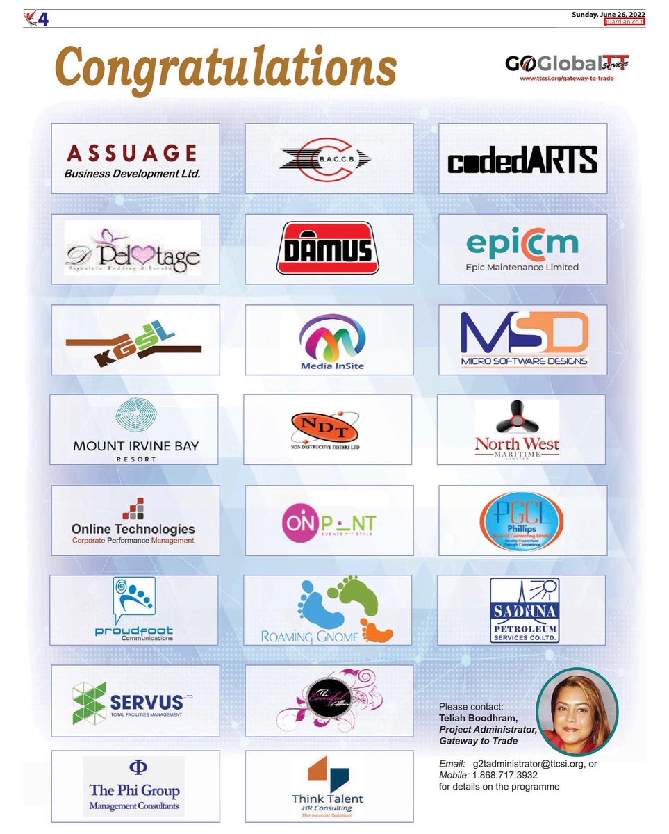 TTCSIORG's tweet photo. @ttcsiorg is pleased to share the #june2022 issue of Eye on Services. In this month’s edition we highlight the 22 firms currently enrolled in Phase III of the Gateway to Trade Programme. #ttcsi #gatewaytotrade #eyeonservices #phase3 #trinidadandtobago #services #exportofservices https://t.co/Ac3nb3wd93