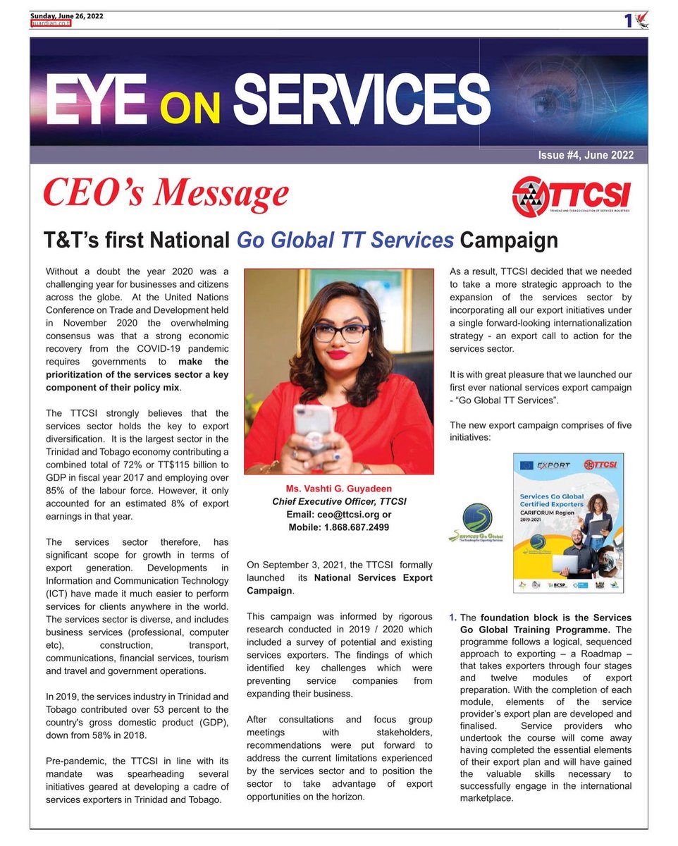 TTCSIORG's tweet photo. @ttcsiorg is pleased to share the #june2022 issue of Eye on Services. In this month’s edition we highlight the 22 firms currently enrolled in Phase III of the Gateway to Trade Programme. #ttcsi #gatewaytotrade #eyeonservices #phase3 #trinidadandtobago #services #exportofservices https://t.co/Ac3nb3wd93