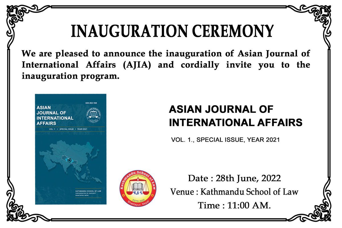 ajia_journal's tweet photo. We are pleased to announce the inauguration of Asian Journal of International Affairs (AJIA) with the launch of its first issue and cordially invite you to the inauguration program. 
For more information: https://t.co/T1SQtTg4ZO https://t.co/40tLb8RvNL