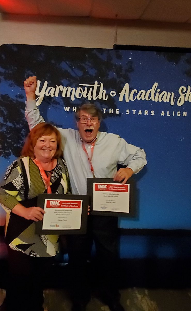 GolfTraveland's tweet photo. So pleased to announce that  Jane and I both won awards at the #TMACYAS Travel Media Association of Canada convention in Yarmouth &amp; Acadian Shores / Côtes acadiennes et Yarmouth last night. https://t.co/hSl9EN4thq