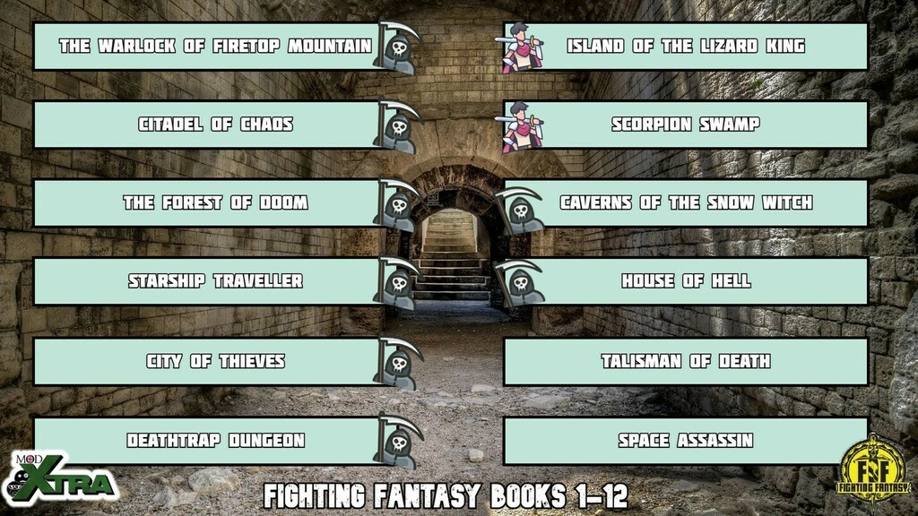 mod_xtra's tweet photo. We've been livestreaming #FightingFantasy books on our Twitch channel. We're going one a month, in order, until we're done. 

It's... not been going too well so far... 2/10 times we've beat the book to date...

#FightingFantasyBooks #FightingFantasyGamebooks #FightingFantasy… https://t.co/0ZwBUXKm7b