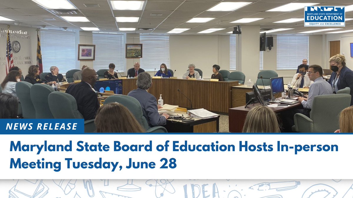 The MD State Board of Education is hosting a meeting Tuesday, June 28 at 9 am. 

The agenda includes a presentation on Covid Relief Funds, Maryland Leads, and Blueprint State Aid, and a strategic planning update. Public comment registration is open.

news.maryland.gov/msde/maryland-…