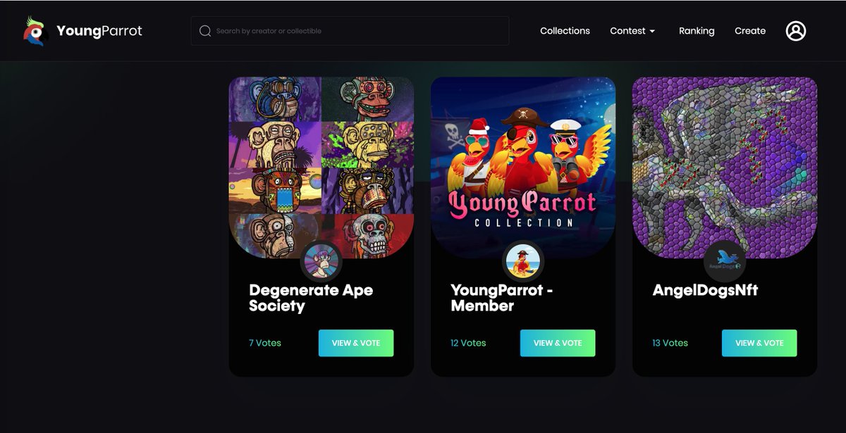 Here is top 3 creators for June contest. We saw more votes today which is exciting!! 😍

You can vote at app.youngparrotnft.com/contest/view. One random voter will receive 1 YoungParrot Member NFT this July with other 9 members for other giveaways.

<a href="/bitgertbrise/">Bitgert - $BRISE</a> 

#bitgert #brise #ypc