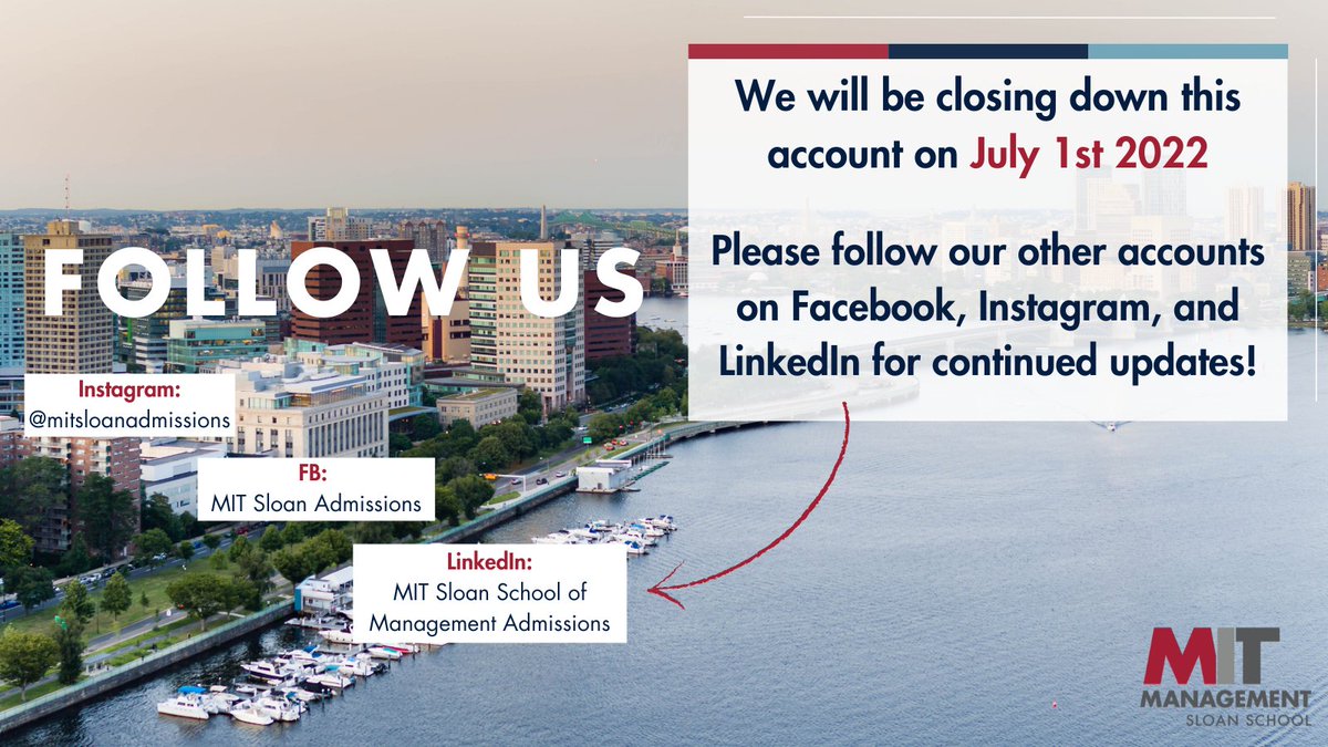 MIT Sloan Admissions (@mitsloanadcom) on Twitter photo 🚨Reminder: We will be closing down this account on July 1st, 2022. We will be continuing to post related content on our other platforms (FB, Instagram and LinkedIn). You can also find more information related to <a href="/MITSloan/">MIT Sloan School of Management</a> on their account. 🚨Reminder: We will be closing down this account on July 1st, 2022. We will be continuing to post related content on our other platforms (FB, Instagram and LinkedIn). You can also find more information related to <a href="/MITSloan/">MIT Sloan School of Management</a> on their account.