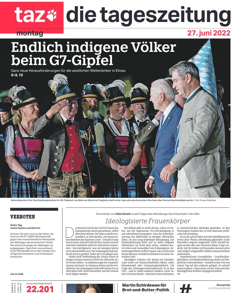 German newspaper <a href="/tazgezwitscher/">taz</a> titels: First G7 summit with participation of indigenous people