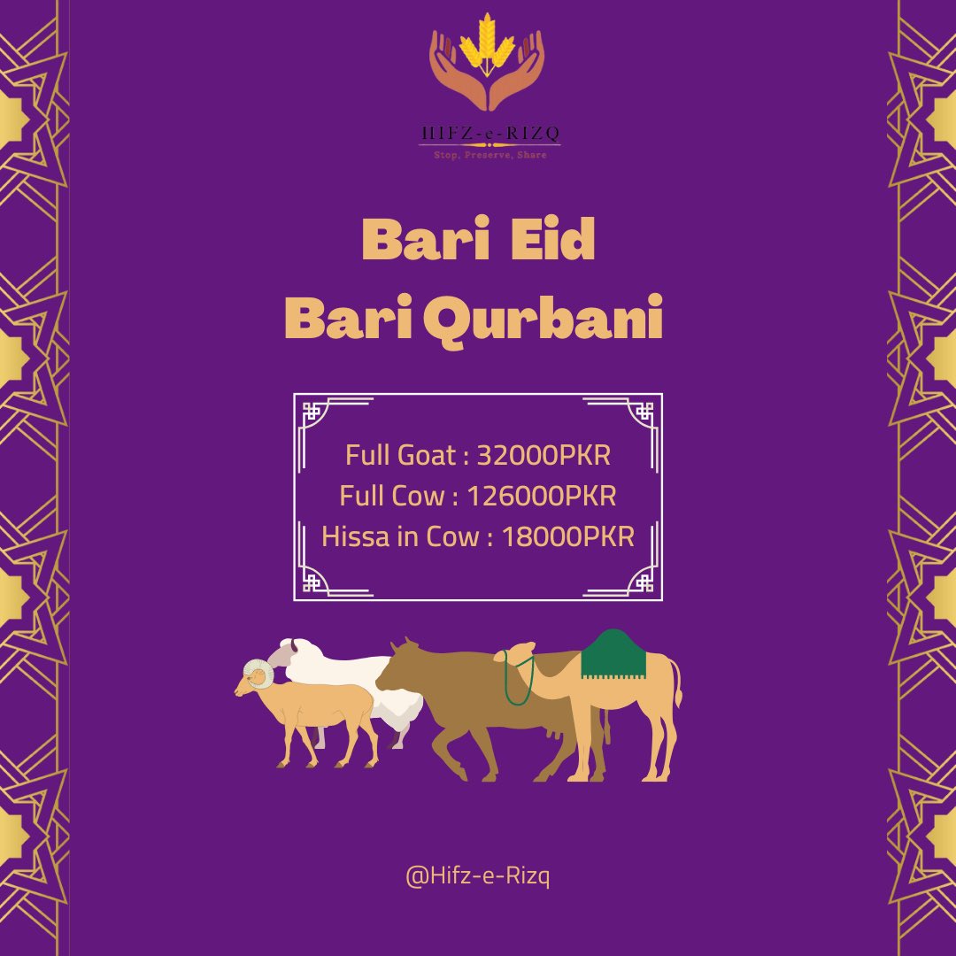 alidaniyal99's tweet photo. Eid ul Adha is around the corner and the Muslims are all geared up to sacrifice their animals. 
For this holy purpose, buy your animals from Rizq Farm, which will use your money to fill the empty stomachs who can't do Qurbani.
#RIZQQURBANI #RIZQ #HUNGERFREEPAKISTAN https://t.co/c1YrPGdCZg