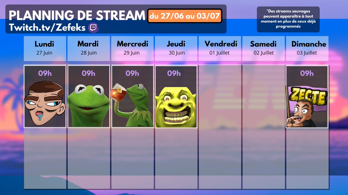 Ladies, chouquettes and gentlemen, le planning de la semaine de ses morts. 
Encore merci de votre soutien, petit à petit l'oiseau fait sa barquette ❤️

Twitch.tv/Zefeks 🏴