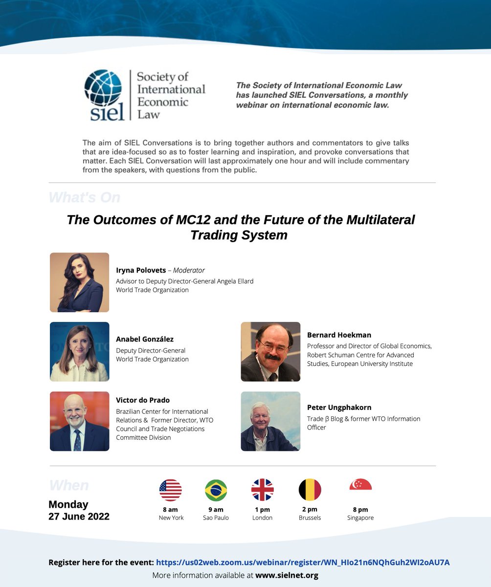Just a day until the next #SIELConversation.

A panel of experts, including <a href="/_AnabelG/">Anabel Gonzalez</a>, Victor do Prado (<a href="/wto/">WTO</a>), <a href="/BernardHoekman/">Bernard Hoekman</a>, <a href="/CoppetainPU/">Peter Ungphakorn (also @coppetainpu.bsky.social)</a> and @Irina_Polovets, will discuss “The Outcomes of MC12 and the Future of the Multilateral Trading System”