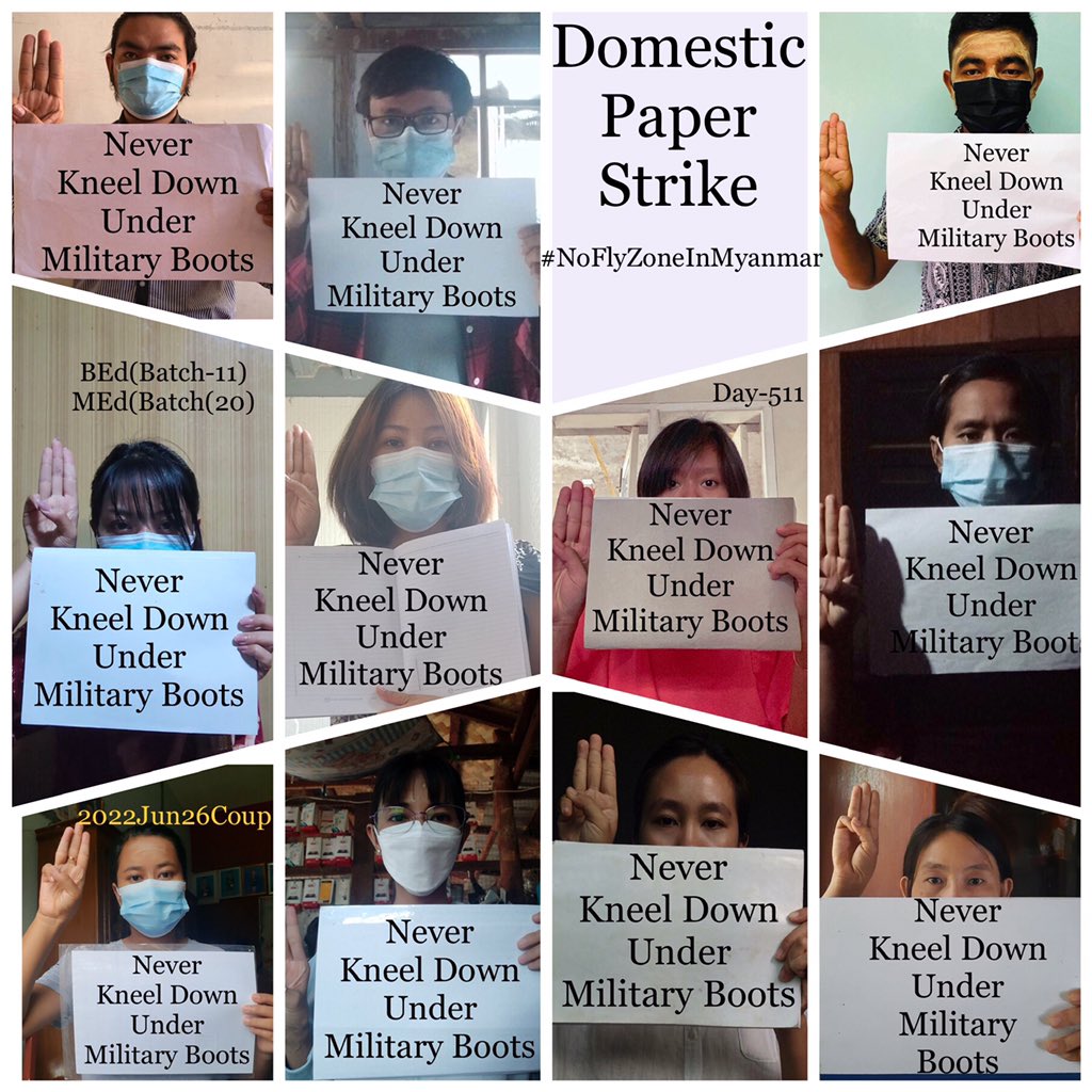 ActivistLittle's tweet photo. 11 CDMer teachers, BEd [Batch-11] &amp; MEd [Batch-20], from Sagaing University of Education staged an anti-coup revolutionary domestic strike as 511st day to mark the commemoration of the 46th anniversary of the death of student leader Salai Tin Maung Oo.

#WhatsHappeningInMyanmar https://t.co/bikzOpar7Y