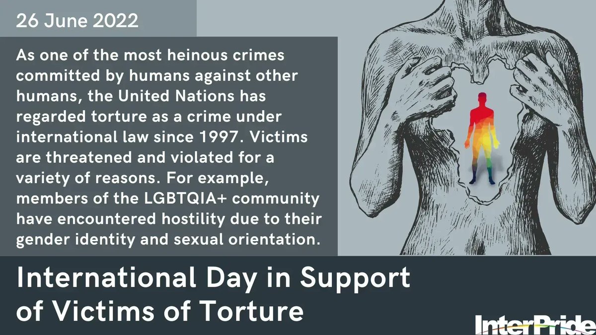 InterPride's tweet photo. Why Recognize International Day in Support of Victims of Torture?
June 26th is #IDSVT. Torture is a heinous crime committed against humans. The #UnitedNations has regarded it as a crime under international law since 1997.
Read: https://t.co/lS7a3OCctB
#InterPride #LGBTQIA @UN https://t.co/TkgWFbS8Hv