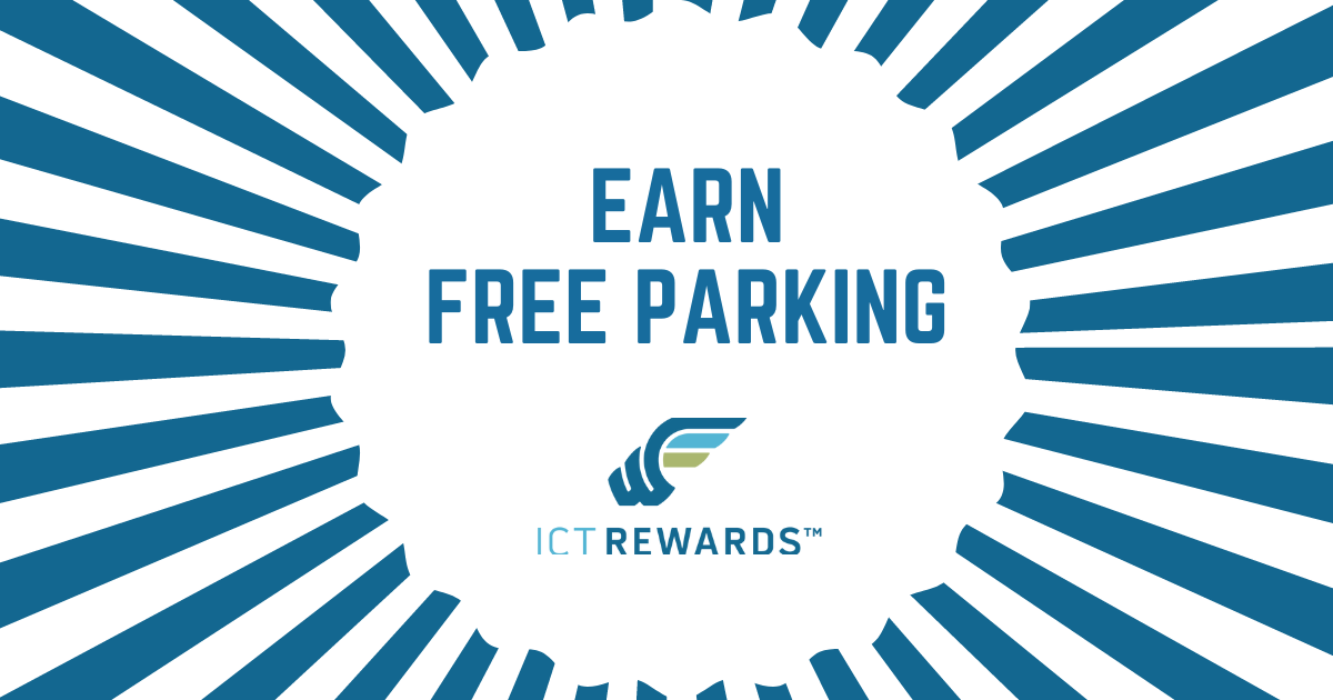 Do you know that you can earn free airport parking?  Sign up for ICT Rewards.  For signing up, you’ll receive 250 bonus points, enough for 1 day of free parking in the Garage or Economy Lot.  bit.ly/3bilQbW