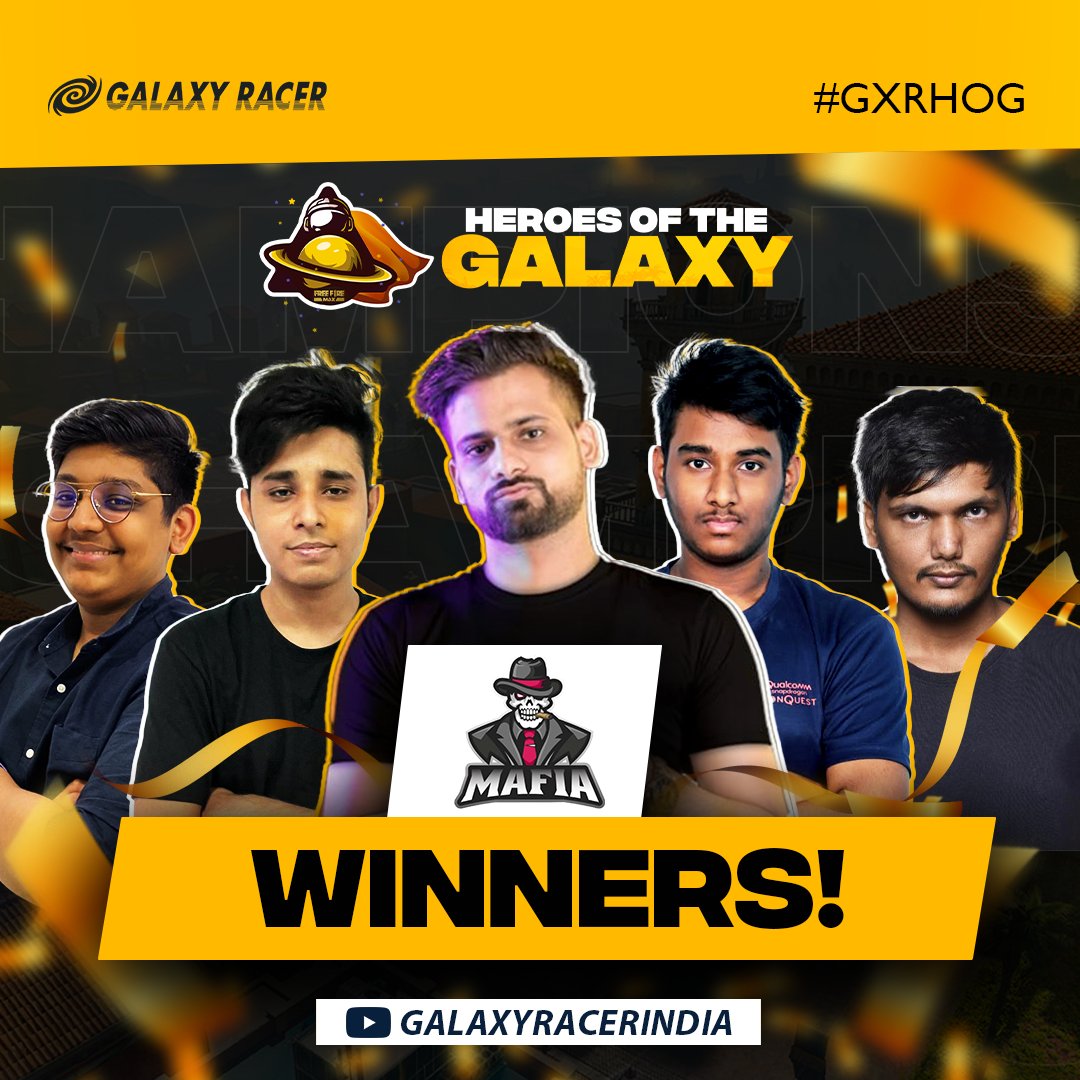 galaxyracerind's tweet photo. Team Mafias are your Heroes Of The Galaxy Champions! 🏆 ✨ #GXRHOG

They claimed the title after an pulling off an insane comeback in the tournament by grabbing 3 Booyahs on Day 2 alone! 🚀

🥇 #TeamMafia
🥈 @NGXindia 
🥉 #TWOB
[1/2] https://t.co/nMbFqckbmN