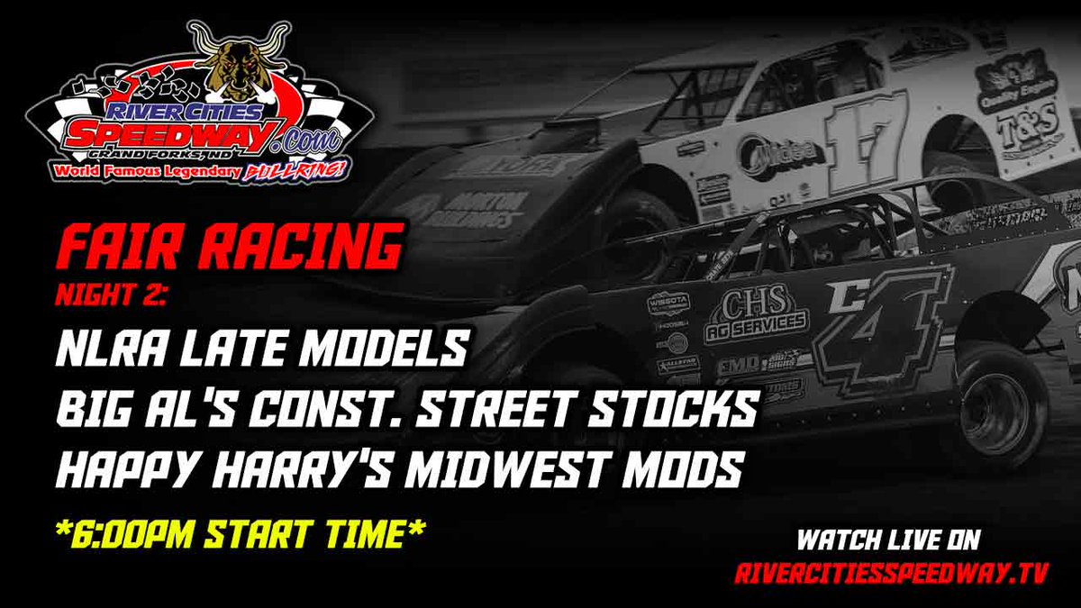 RiverCitiesND's tweet photo. It's RACE DAY!

The @NLRAracing  Tour is in town tonight, along with the Happy Harrys Midwest Mods and the Big Al's Construction Street Stocks!

6PM START TIME!

Tonight's races will be broadcast on https://t.co/h2g4eEb9V4 https://t.co/tJX6ovrujE