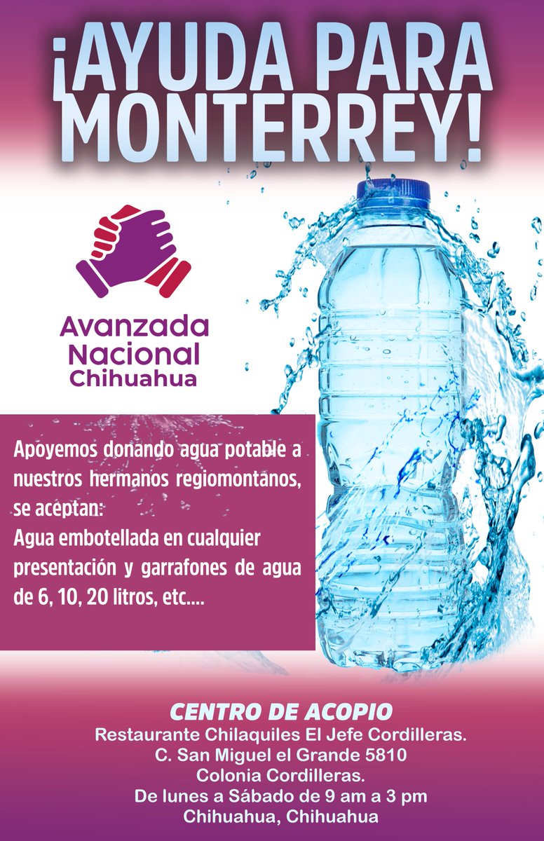 AvanzadaNacion2's tweet photo. ¡Monterrey nos necesita, apoyemos donando agua potable!  
#AvanzadaNacionalChihuahua
#monterrey https://t.co/JqVTtoBeJs