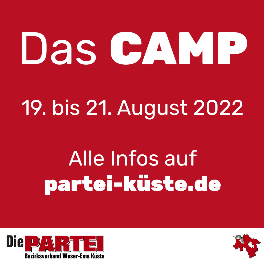Wir veranstalten zum ersten mal #DasCAMP. Dort werden Workshops zur Landtagswahl angeboten. Man kann sich mit anderen KVs vernetzen und etwas Spaß soll und wird es auch machen.

Alle Infos dazu und die Anmeldung findet ihr hier:
partei-kueste.de/das-camp22/