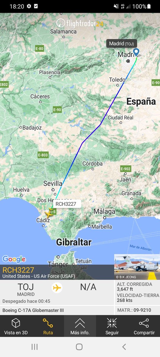 MilRadar's tweet photo. 🇺🇲 2x #USAF C-17A Globemaster III 09-9210 y 10-0217 ambos del #62ndAW despegan desde #Torrejón y con rumbo S se dirigen a #Rota https://t.co/o1qzDbzKT6