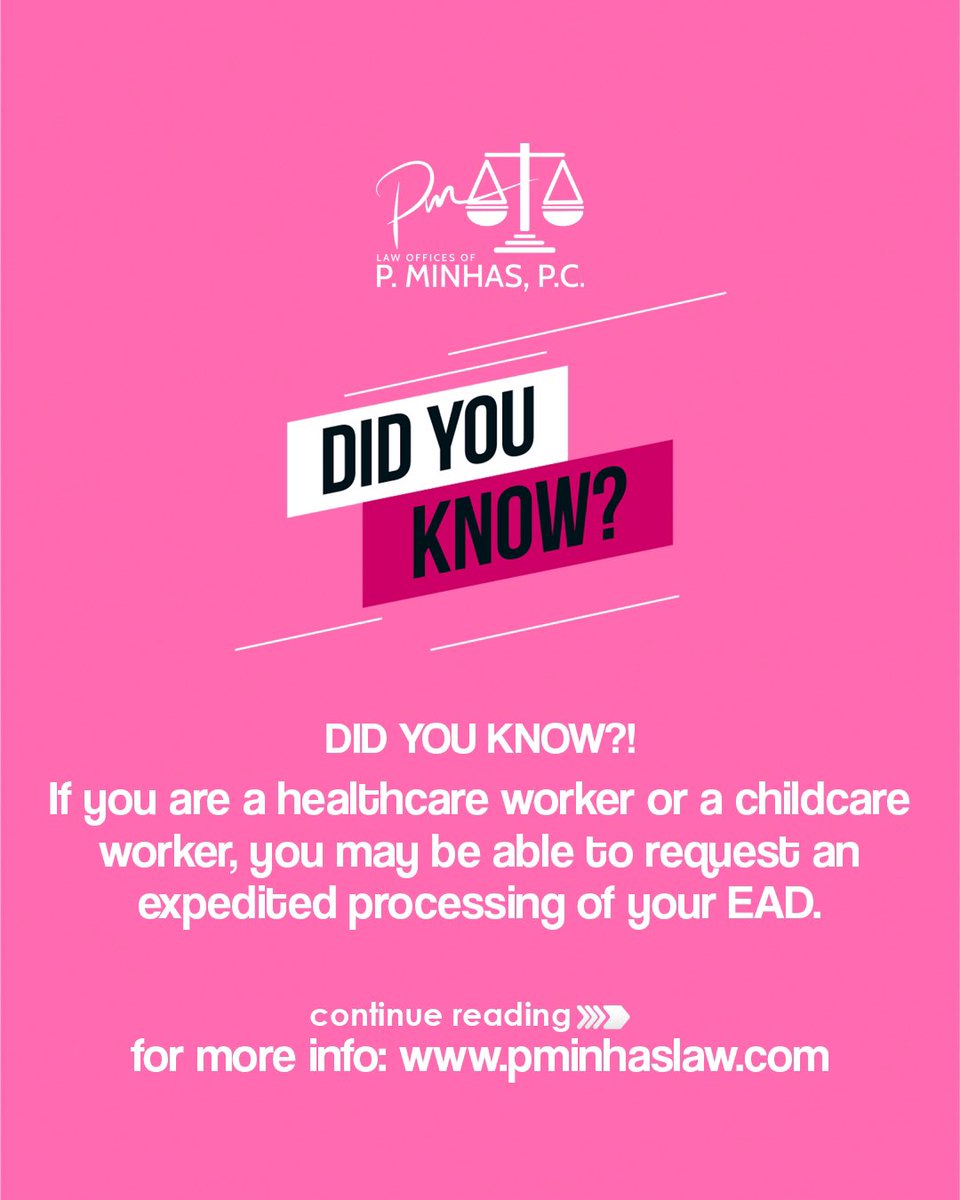 pminhaslaw's tweet photo. If you are a healthcare worker or a childcare worker, you may be able to request an expedited processing of your EAD card. Find out how. 

#didyouknow #lawwithpoonam #pminhaslaw #Immigration #ead #usimmigrationlaw https://t.co/tPFxf9QmxZ