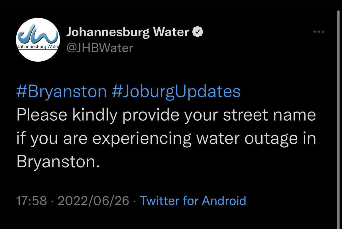 PhoenixMovazz's tweet photo. @LyndaShacks @jwater Any ETR? @JHBWater doesn’t seem to be aware of any water outages in the Bryanston area. They’ve just posted this tweet. We’re all in the dark (literally). https://t.co/Iv0UUTs2lw