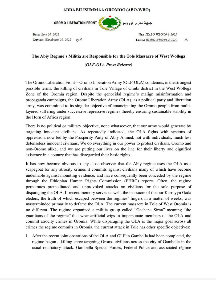 RAbdiAnalyst's tweet photo. There is good reason to believe OLA account of Tola/Gimbi massacre - in which over 200 civilians massacred.

Regime in Addis losing ground in Oromia, desperate to delegitimise OLA, lock it out of future dialogue.

Implicating OLA in atrocities without independent probe suspect. https://t.co/GVsxWYSb5R