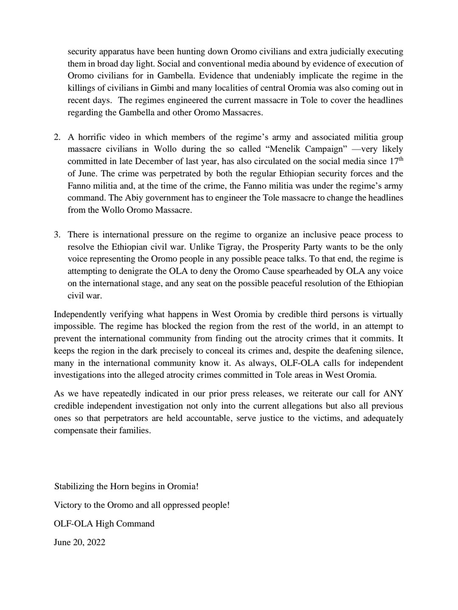 RAbdiAnalyst's tweet photo. There is good reason to believe OLA account of Tola/Gimbi massacre - in which over 200 civilians massacred.

Regime in Addis losing ground in Oromia, desperate to delegitimise OLA, lock it out of future dialogue.

Implicating OLA in atrocities without independent probe suspect. https://t.co/GVsxWYSb5R