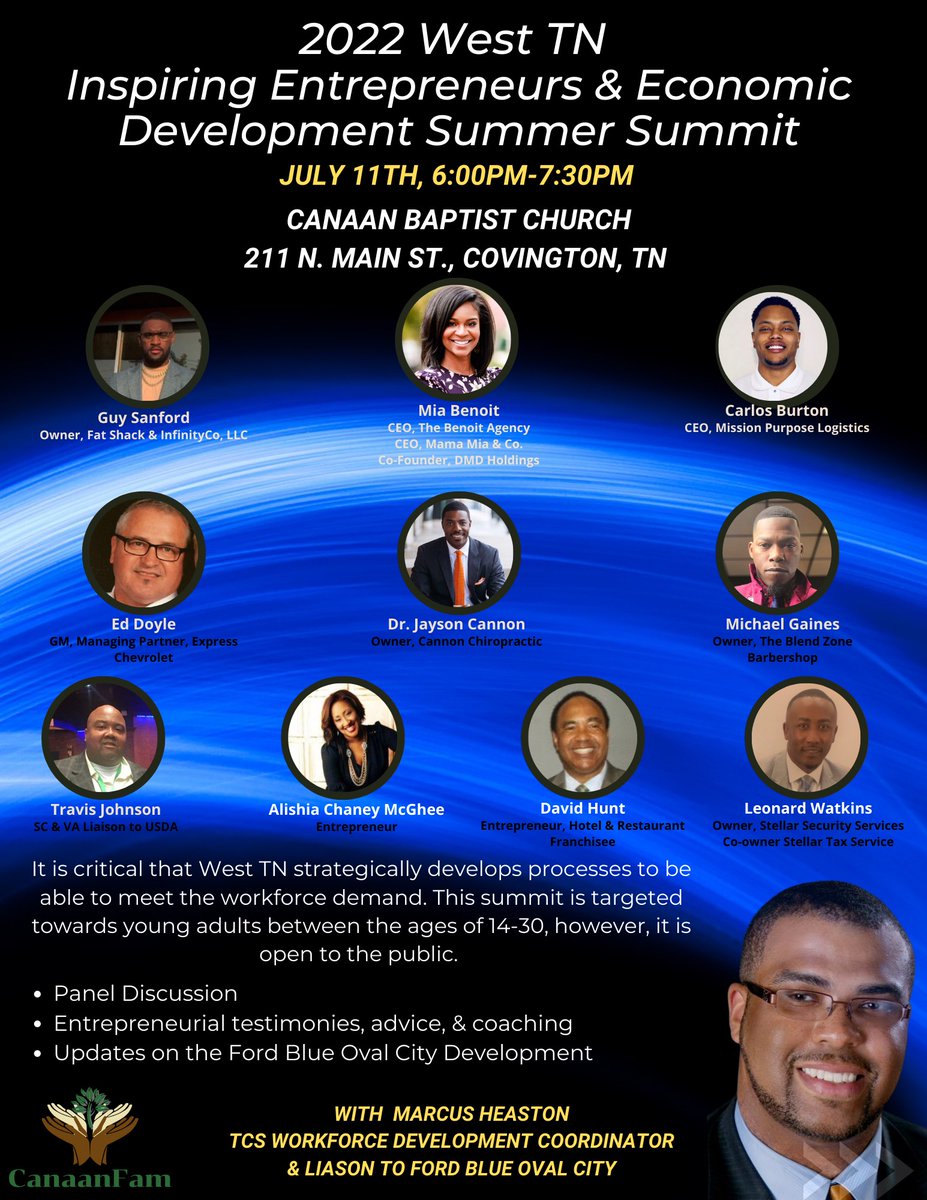 With an estimated 30,000 new jobs coming to West TN, it's critical to discuss strategies and pathways to empower our community to capitalize on this huge investment. 

Join us on July 11th to learn from some of TN'S best entrepreneurs. This event is free and open to the public.