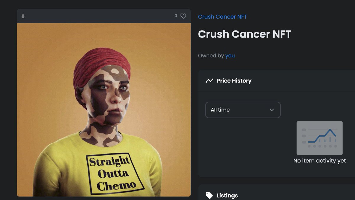 <a href="/LetsCrushCancer/">Crush Cancer 1k NFTs | Celebrate Strong Women</a> – learned recently that I purchased two scams NFTs from open-sea while I thought I was supporting this wonderful project.  Some people are evil and go after a good cause. Anyway, I got a real one from their official mint website! 🙏🚀💙💛
