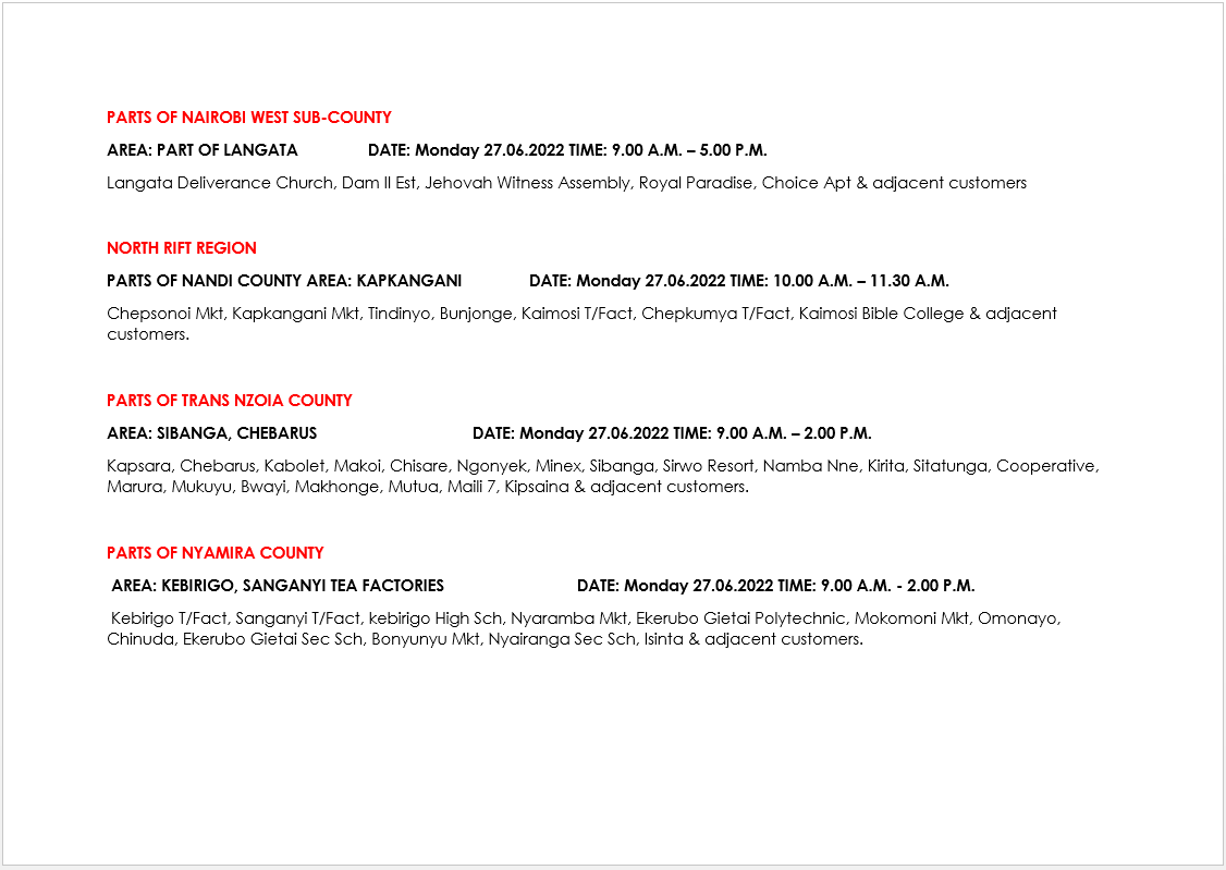 KenyaPower_Care's tweet photo. Good evening,
The following areas are scheduled for maintenance tomorrow 27/06/2022 Monday. ^DB https://t.co/Ldcoi0Ubo5