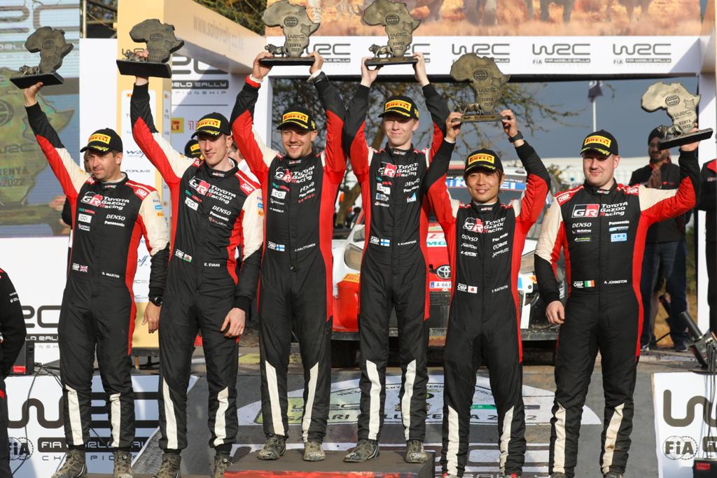 moyasa_ke's tweet photo. The Toyota Gazoo Racing WRT finishes 1st, 2nd, 3rd and 4th respectively.

@KalleRovanpera  @JonneHalttunen 
 @ElfynEvans @scottmartinat 
@TakamotoKatsuta @AaronJ_CoDriver 
@SebOgier @BenVeillas 

#WRCSafariRally2022
#SafariRallyKenya https://t.co/7oHaqBt8JM