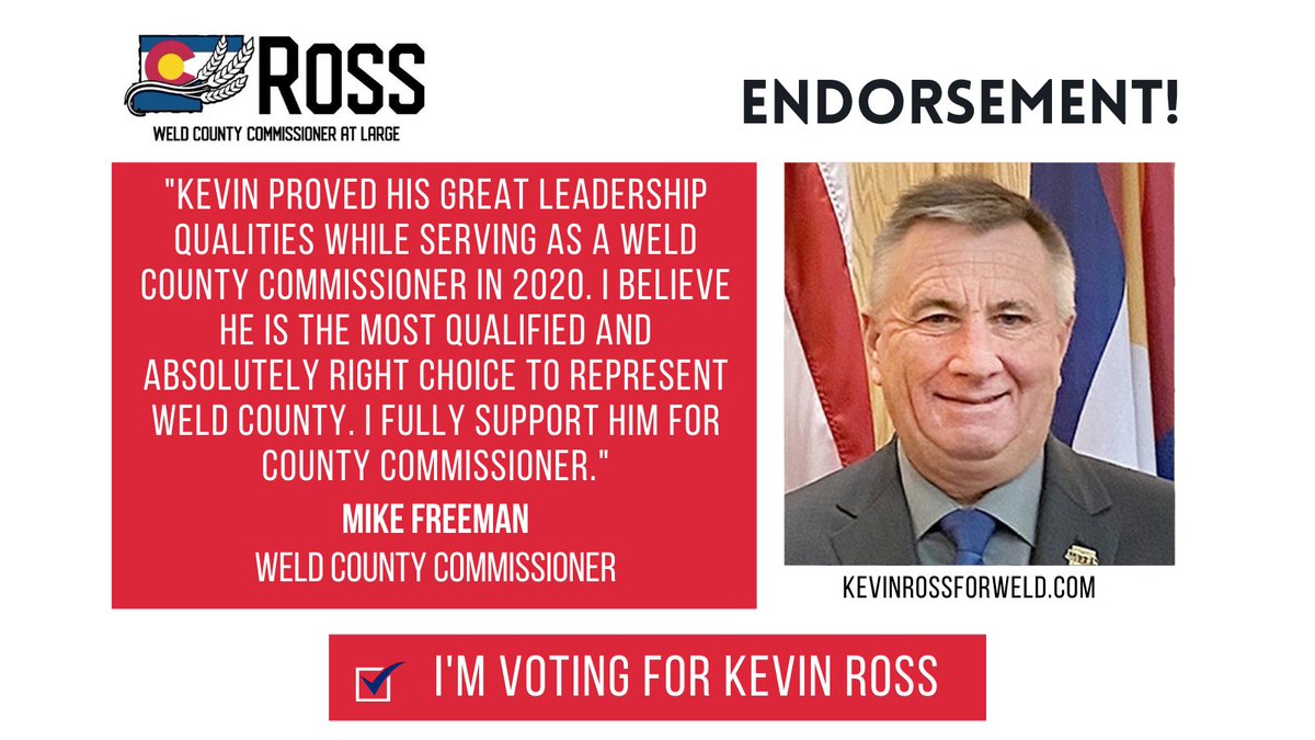 rossforweld's tweet photo. Weld County Commissioner Mike Freeman has endorsed my campaign! Thanks Mike! Make sure to return your ballot by 7PM on Tuesday June 28th! https://t.co/fpJeeAwydO