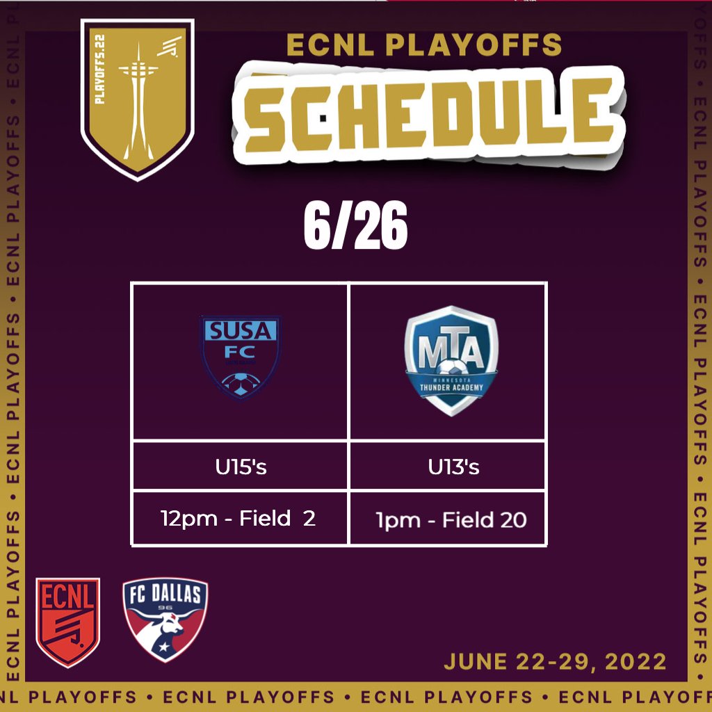 Game Day 5 ECNL Champions League Play Offs! Our @fcdallas_07ecnl finish their group play currently 2-0 and trying to lock in a place in the Round of 16 and our @fcd09gecnl head into Game 2 of group play against Minnesota Thunder! Good luck ladies! #DTID