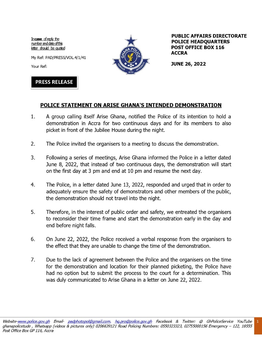 GhPoliceService's tweet photo. Police Statement on Arise Ghana's Intended Demonstration 

A group calling itself Arise Ghana, notified the Police of its intention to hold a demonstration in Accra for two continuous days and for its members to also picket in front of the Jubilee House during the night. https://t.co/UIkufvD1V6