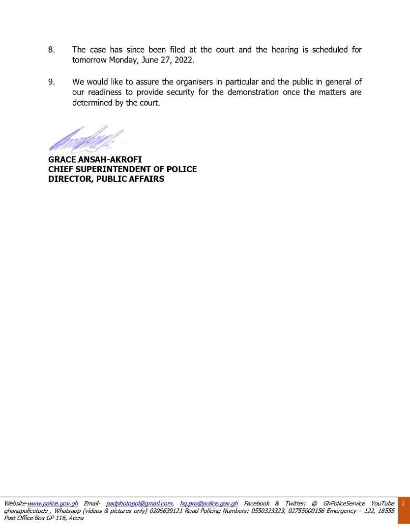 GhPoliceService's tweet photo. Police Statement on Arise Ghana's Intended Demonstration 

A group calling itself Arise Ghana, notified the Police of its intention to hold a demonstration in Accra for two continuous days and for its members to also picket in front of the Jubilee House during the night. https://t.co/UIkufvD1V6