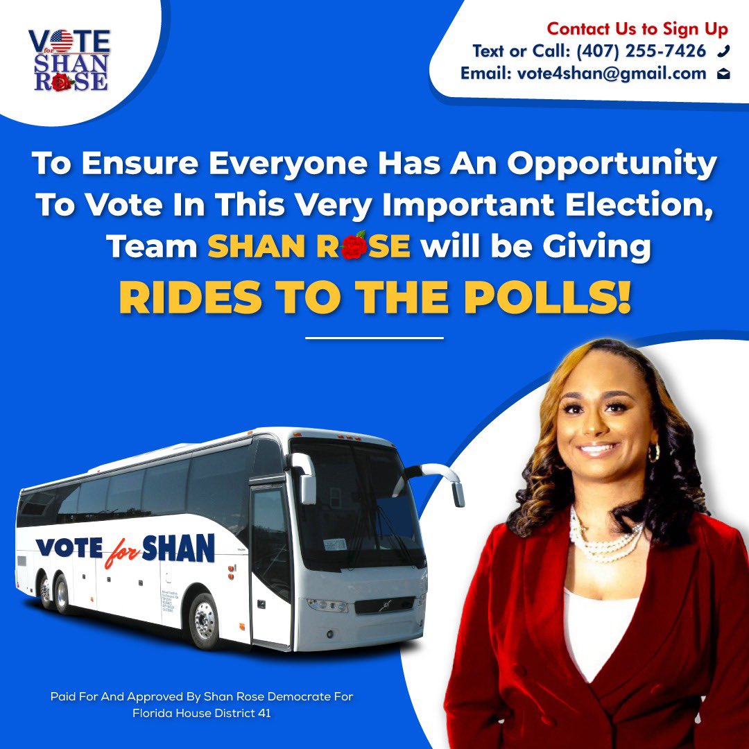 ShanRose0217's tweet photo. To ensure everyone has an opportunity to vote in this important election-#TeamShanRose will be giving Rides To The Polls!!
If you or someone you know needs a ride, please send me a FB message, text 4072557426 or email:vote4shan@gmail.com
#ShanRoseCares
#Vote #HD41 #VoteForShan https://t.co/THIdev4pvF