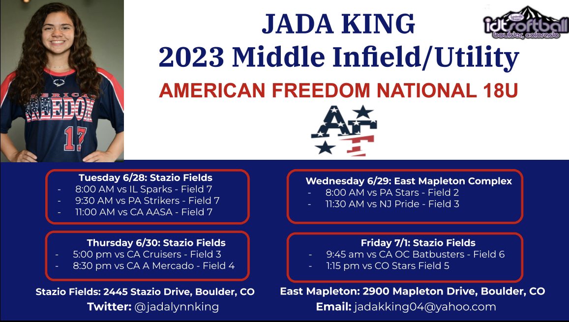 Carrollton, TX ➡️ Boulder, CO! I can’t wait to compete out on the field this week at IDT!! 
<a href="/AFSBALL/">American Freedom Softball</a> <a href="/405Hitting/">Andy Wood</a> <a href="/JenConsaul/">Jen Consaul</a> <a href="/CoachmilliSB/">Cheryl Milligan</a> <a href="/CoachSanders22/">Dwight Sanders</a> <a href="/RegisUSoftball/">Regis Softball</a> @rickirothbauer <a href="/IHartFastpitch/">I❤️Fastpitch</a> 
#uncommitted